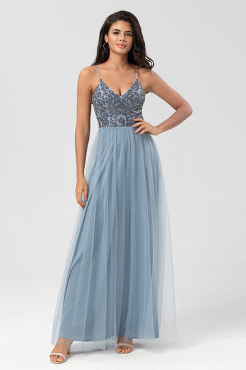 Chic Romántico A Line Spaghetti Straps Dusty Blue Long Bridesmaid Dress con abalorios
